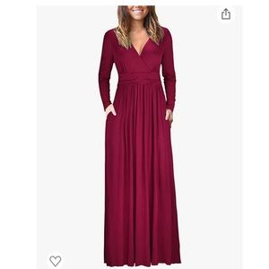 OUGES Womens Long Sleeve V-Neck Wrap Waist Maxi Dress, wine